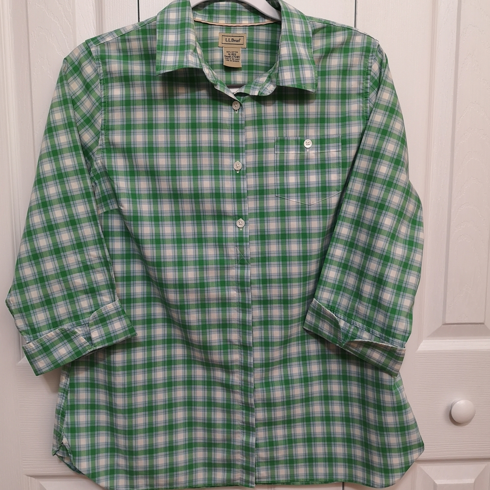 L.L. Bean Women's Green, Blue and White Checkered Shirt Size Medium